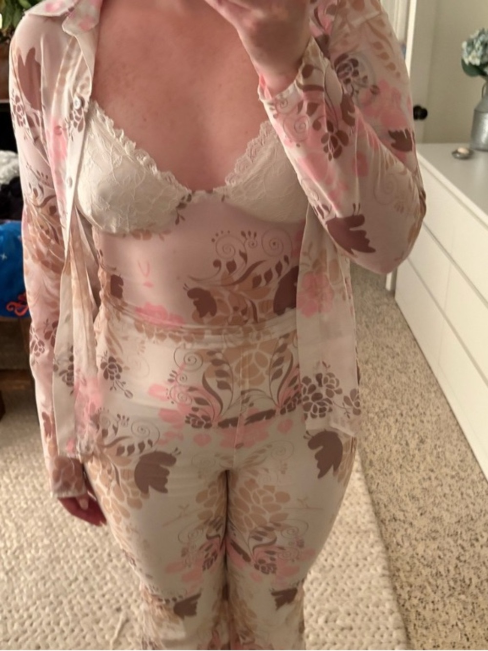 Princess Polly XX 4 Sheer Floral Camisole & Blouse Set - Pink, Cream, Brown